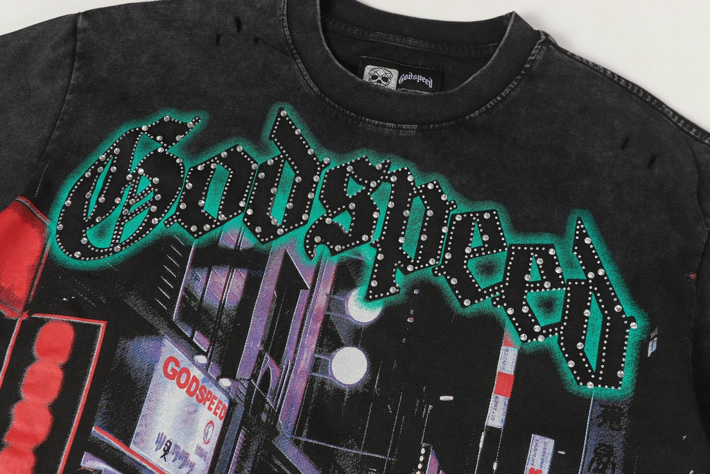 Godspeed City Car Rhinestone Graphic T-Shirt