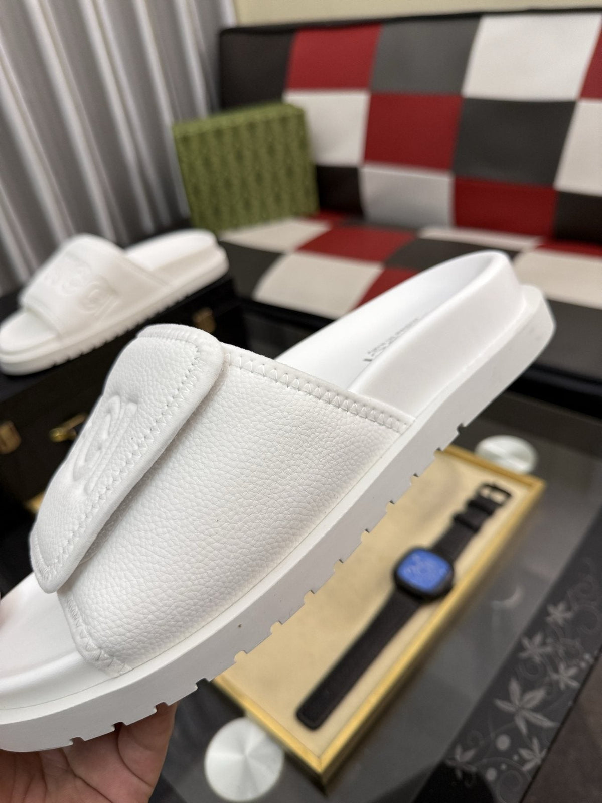 Gucci White Embossed Slide Sandals