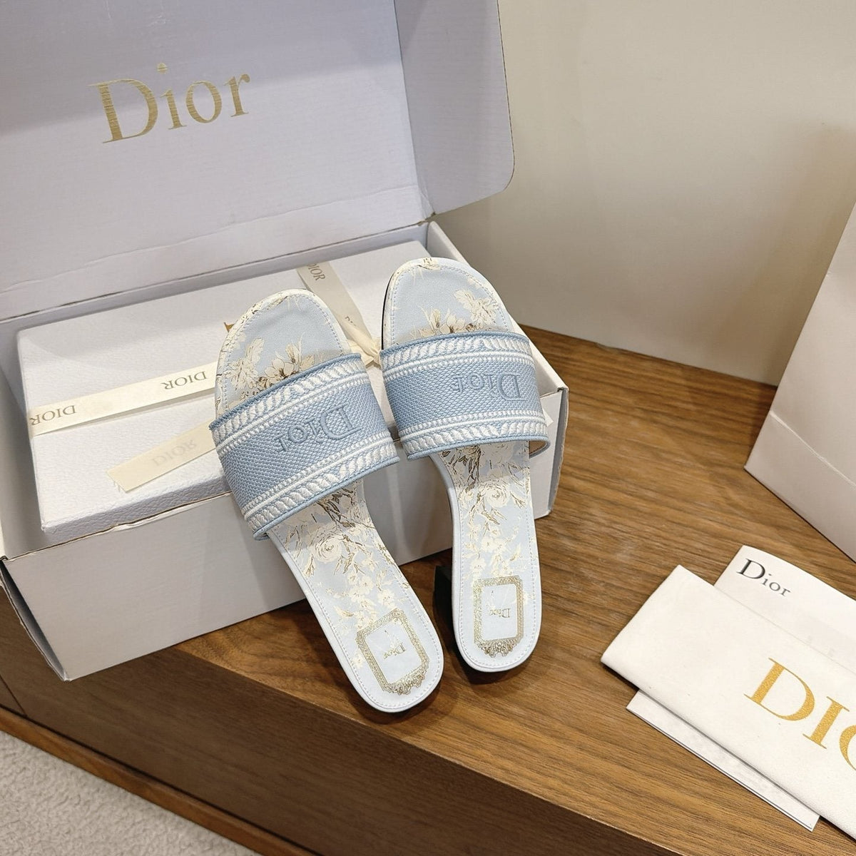 Dior Women's Light Blue Embroidered Slide Sandals